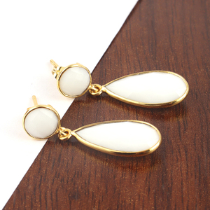 Fine Jewelry Round Pear Shape White Agate Double Stone <b>Teardrop</b> <b>Earrings</b> Gold Plated Bezel Setting Push Back <b>Stud</b> <b>Earrings</b> Gift - Product Image 5