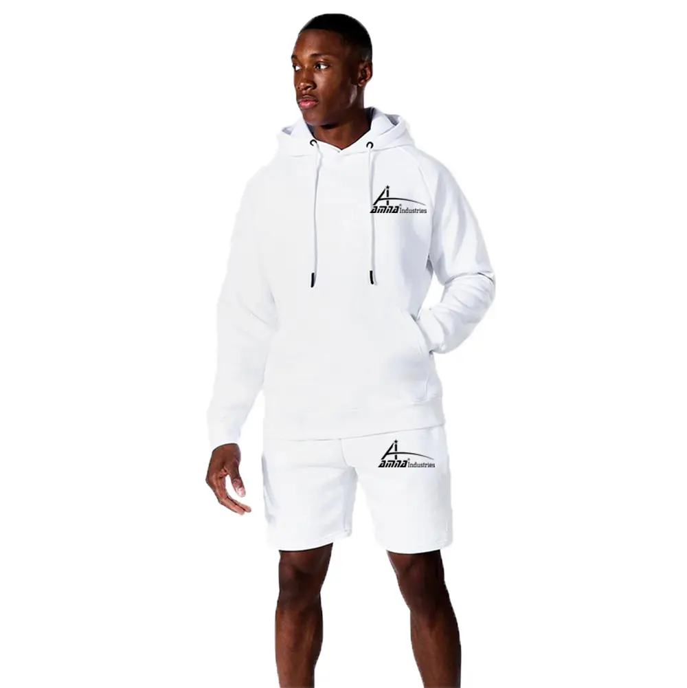 High quality Men's stylish Pullover hoodies with casual Shorts set white color slim fit twin set for boys