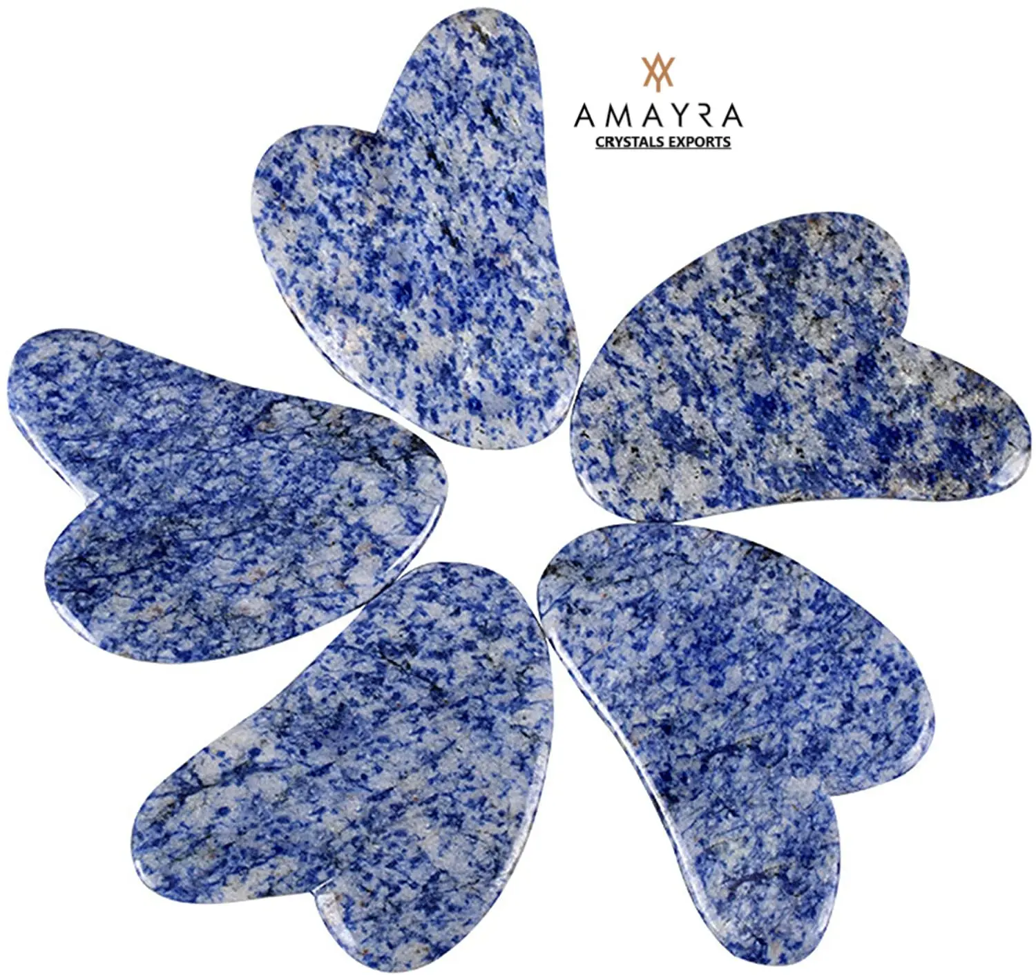 Hermoso masajeador de sodalita Gua Sha, equipo de curación para el cuidado de la piel con amatista natural, compra en línea de Amayra Crystals Exports