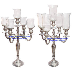 Candélabres en relief argenté à 5 bras pour décoration de sol et de mariage Candélabres faits à la main en aluminium nickelé sur base ronde - Product Image 4