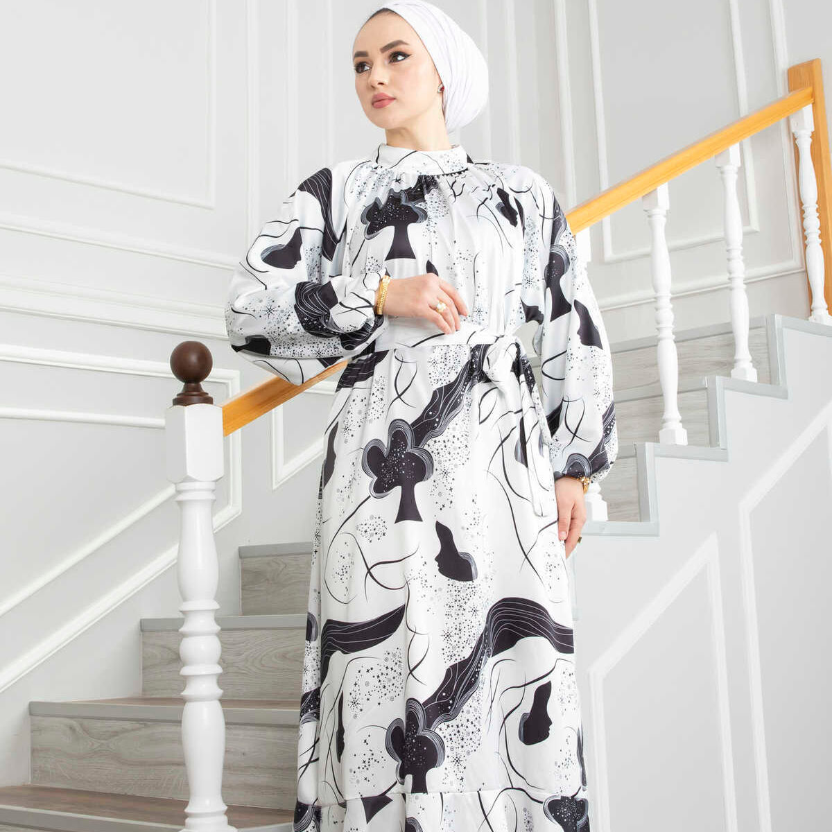 Patterned Satin Fabric Modest Fashion Abaya Tunic Dress Ladies