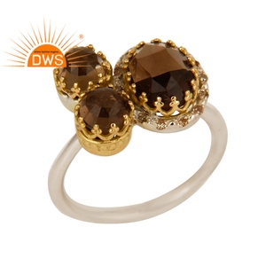 Anillo de apilamiento hecho a mano, joyería de diamante Natural, cuarzo ahumado, oro amarillo sólido de 18k y joyería de plata de ley - Product Image 1