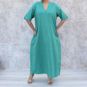 Arrival fashionable trending latest design v-neck half sleeve sexy sky blue crepe fabric floor length women linen dress - Product Image 1