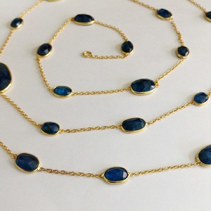 Everyday Wear 925 Sterling Silver <b>Gold</b> Plated Blue Appatite 90 cms. <b>Long</b> <b>Chain</b> <b>Necklace</b> - Product Image 1