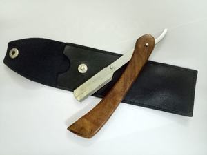 Elegant Wooden Handle Straight Cut Throat Razor with Stylish Leather <b>Pouch</b> - Product Image 3