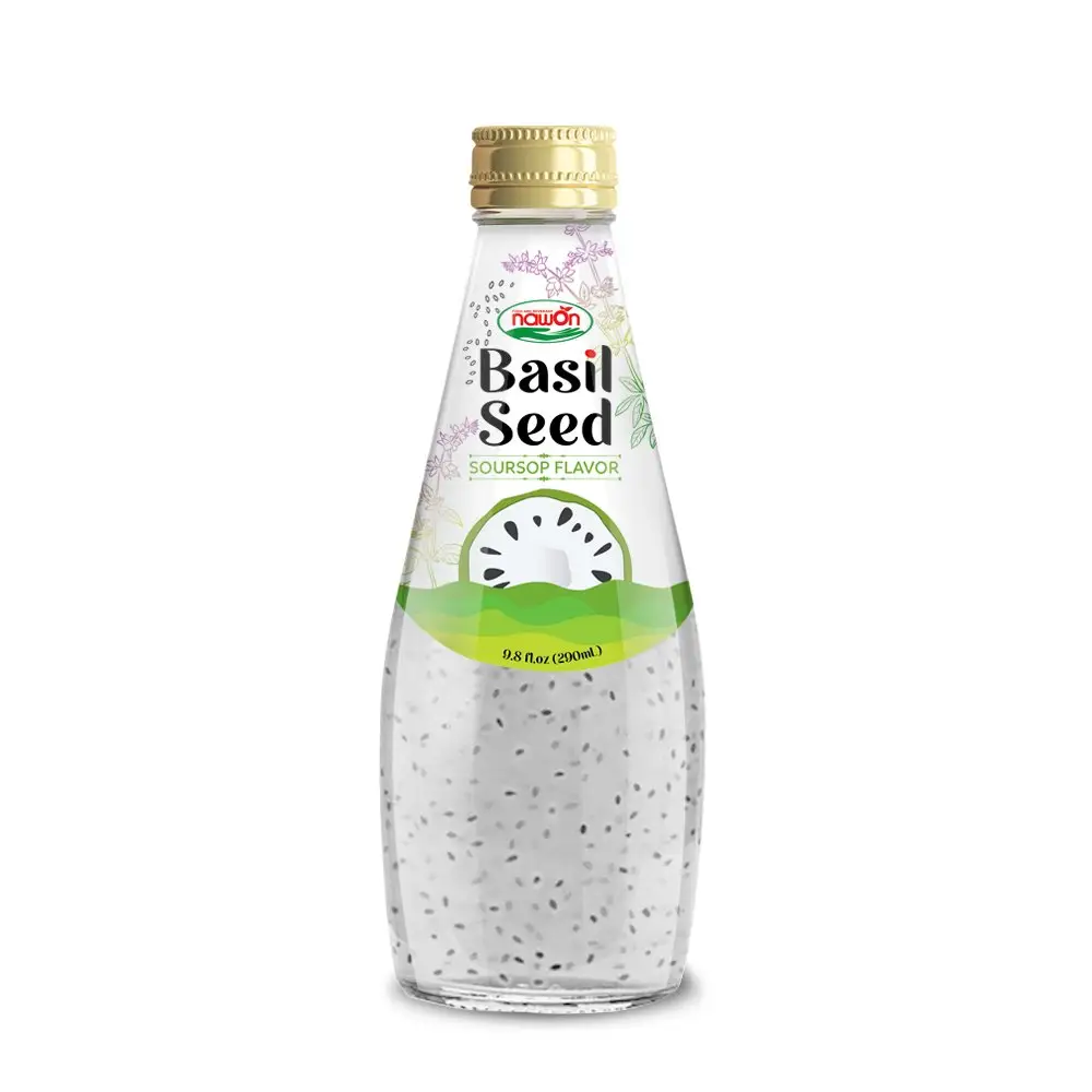 बीआरसीजीएस प्रमाणित तुलसी बीज पेय कम चीनी 290 मिलीलीटर कांच की बोतल में थोक फल सब्जी का रस बीज पेय निर्माता के साथ