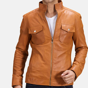 Veste en cuir d'agneau véritable marron pour homme, coupe ajustée - Hiver, grande taille, respirante, fermeture éclair - Product Image 1