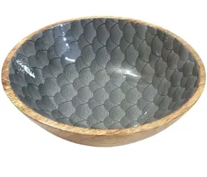 印度批发商自然芒果木头沙拉服务器搪瓷木材核心服务沙拉碗木质