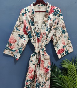 Chaquetas Casuales con Estampado Floral Acolchado Kantha Indio - Cintura Natural, Temporada de Primavera, 100% Algodón - Product Image 3