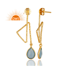 Boucles d'oreilles calcédonie bleue naturelle en pierre précieuse, bijou fait à la main, plaqué or 18k, fabrication de bijoux en argent, livraison gratuite - Product Image 3