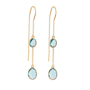 Boucles d'oreilles à facettes ovales à Quartz bleu suisse, Style fil aiguille plaqué or, ensemble de lunette, boucles d'oreilles à chaîne fine - Product Image 1