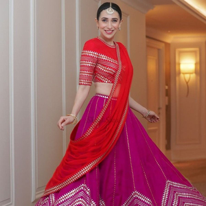 open lace back dress Karisma Kapoor in our Red Jacket and Sharara Set – Manish Malhotra main image 1