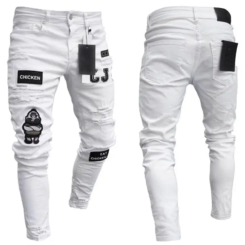 3 Styles Men Stretchy Ripped Skinny Biker Embroidery Print Jeans Destroyed Hole Taped Slim Fit Denim Scratched High Quality Jean