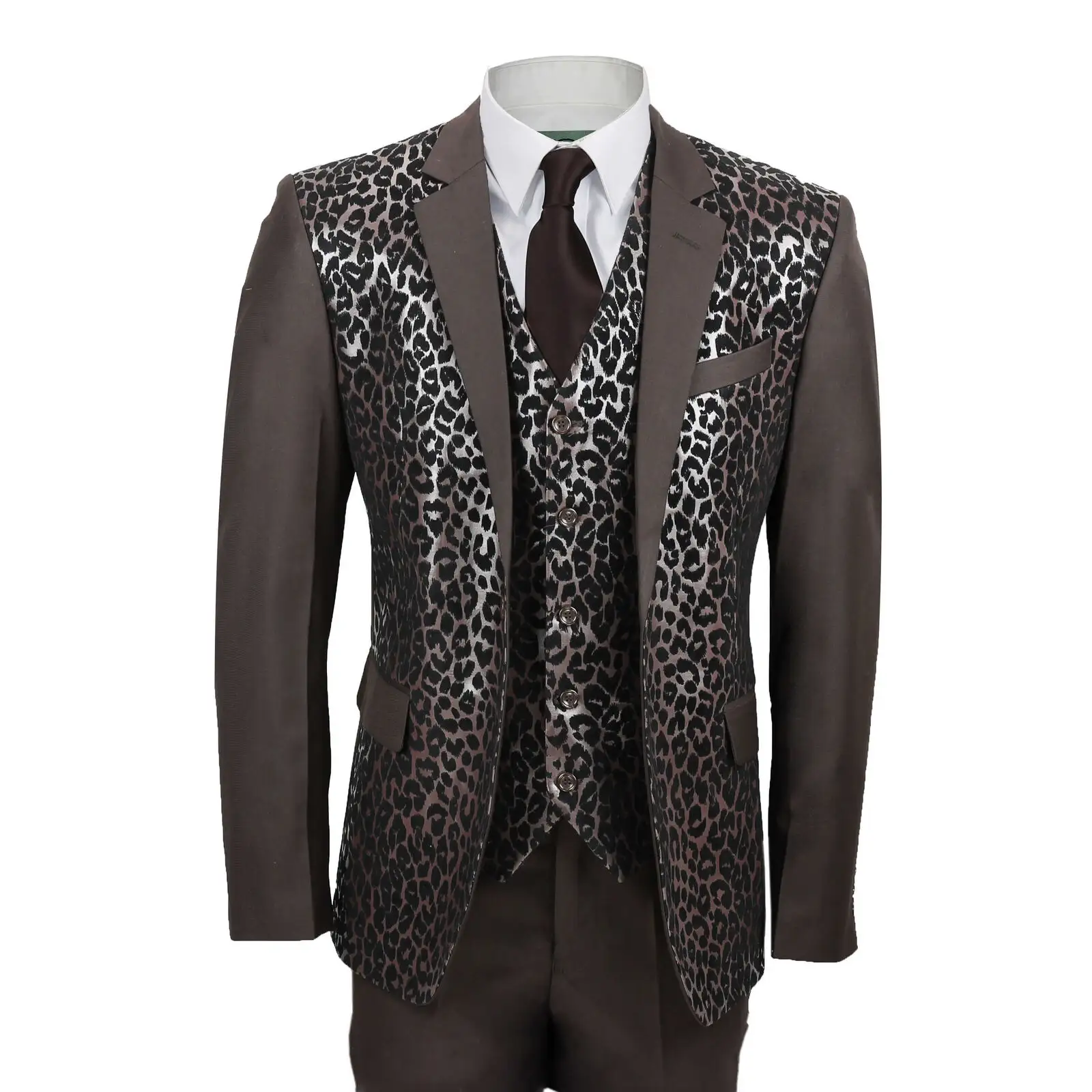 Mens Brown 3 Piece Suit Black Leopard Rosette Print Slim Fit Blazer Dress Party