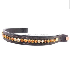 Bandeau ajustable en cuir italien noir pour sourcils de cheval Bandeaux rembourrés en cuir avec gros cristaux multicolores - Product Image 3