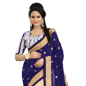 Blue Polyester Party tragen Stickerei Saree