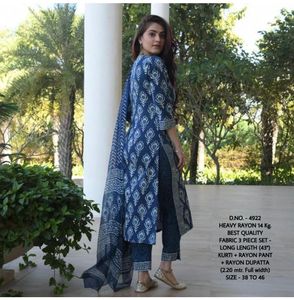 Tela de rayón pesado de la mejor calidad, longitud larga, Kurti, con estampado Indigo + rayón, pantalón estampado + rayón Dupatta - Product Image 3