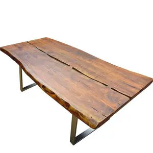 美国乡村风格实心金合欢木活边餐桌，带可折叠金属底座
