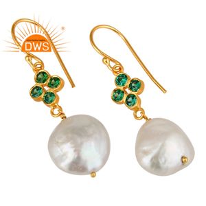 Pendientes de Diseño Moderno con Circonita Verde y Perla, Pendientes de Plata Chapada en Oro con Diseño Indio, Proveedor de Joyería - Product Image 2