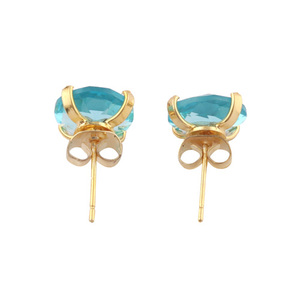 Dainty gemstone stud <b>earring</b> round cut swiss blue quartz ear <b>post</b> studs brass gold plated timeless fashion jewelry accessories - Product Image 5