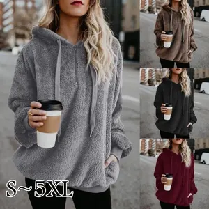 Groothandel vrouwen s sweatshirt jas met kap-Vrouwen Fleece Causale Solid Jacket Winter Warm Lange Mouwen Dikke Hooded Sweater Jas Top