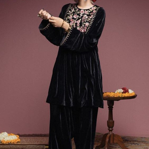 NEW--LATEST---DAZZLING & STYLISH EMBROIDERY ON KAMEEZ ,<b>PANT</b> VELVET DRESS--for Party-WEAR & WEDDING @ 2021 - Product Image 1