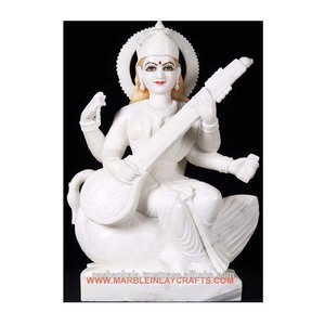 Sculpture exclusive en marbre blanc pur poli, représentant la déesse Saraswati assise sur un cygne, magnifique pour la décoration de la maison - Product Image 1