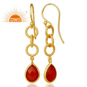 Proveedor de pendientes de piedras preciosas de ónix rojo indio Enlace de múltiples círculos Pendientes colgantes de plata chapados en oro de 14K Joyería Colección clásica - Product Image 3