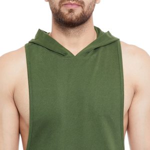 Mens Olive Green Hooded <b>Stringer</b> <b>Vest</b> for Gym Workout tank Top with Hood Sleeveless with Custom logo Printing on Wholesale Price - Product Image 6