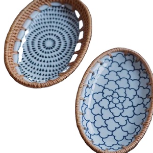 Bandeja de servicio de ratán con diseño esmaltado, forma ovalada, venta al por mayor, bandeja de servicio de comida tejida de buena calidad para suministros de mesa - Product Image 1