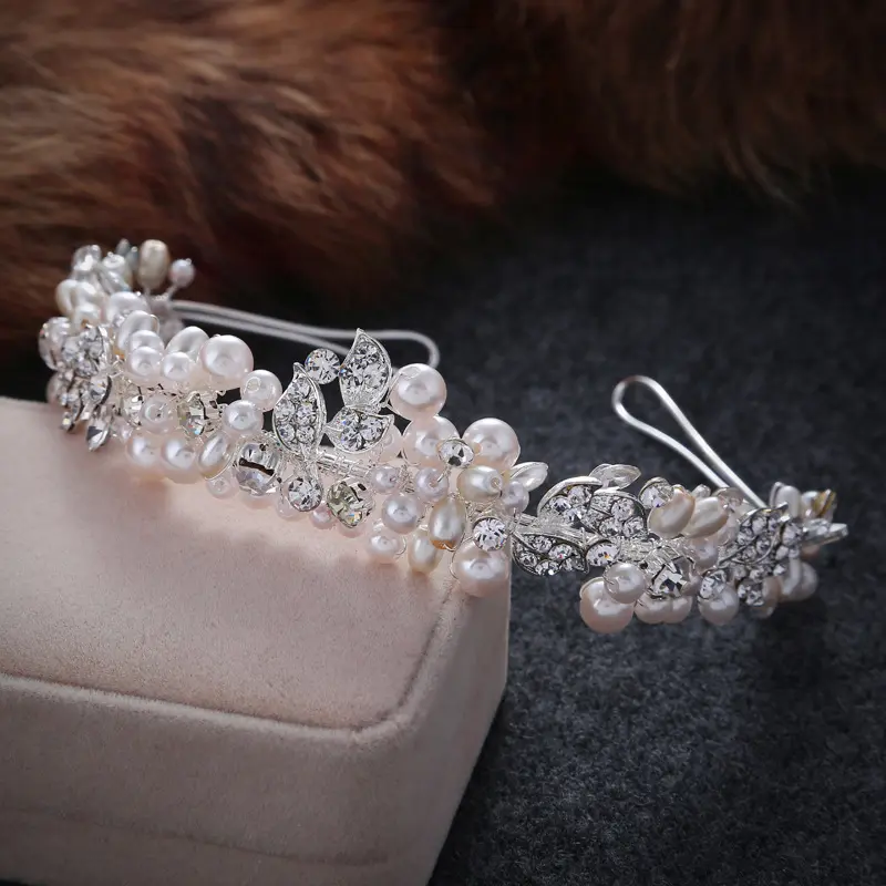 SG069 Hot Sale Handmade Elegan Pink Mutiara Rhinestone Daun Pernikahan Headband Aksesoris Rambut Pengantin