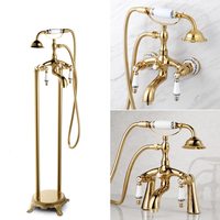 Robinet de baignoire STOCCO chromé à montage au sol, double poignée, douchette téléphonique, bec de baignoire, en laiton avec cartouche céramique