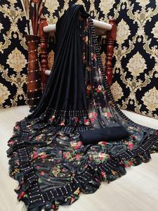 New Latest Heavy Designer Party Wear Saree Beautiful Red Color Net <b>Fabric</b> Sari with Joint Unstitched Blouse by Ethnic Clothing Garment - Product Image 2