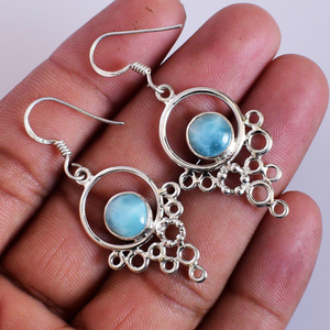 Solide Pur 925 Sterling Argent Rhodium Plaqué Léger Pierres Précieuses Larimar Crochets Boucles D'oreilles Fine Jewelry pour Femmes Enfants - Product Image 6