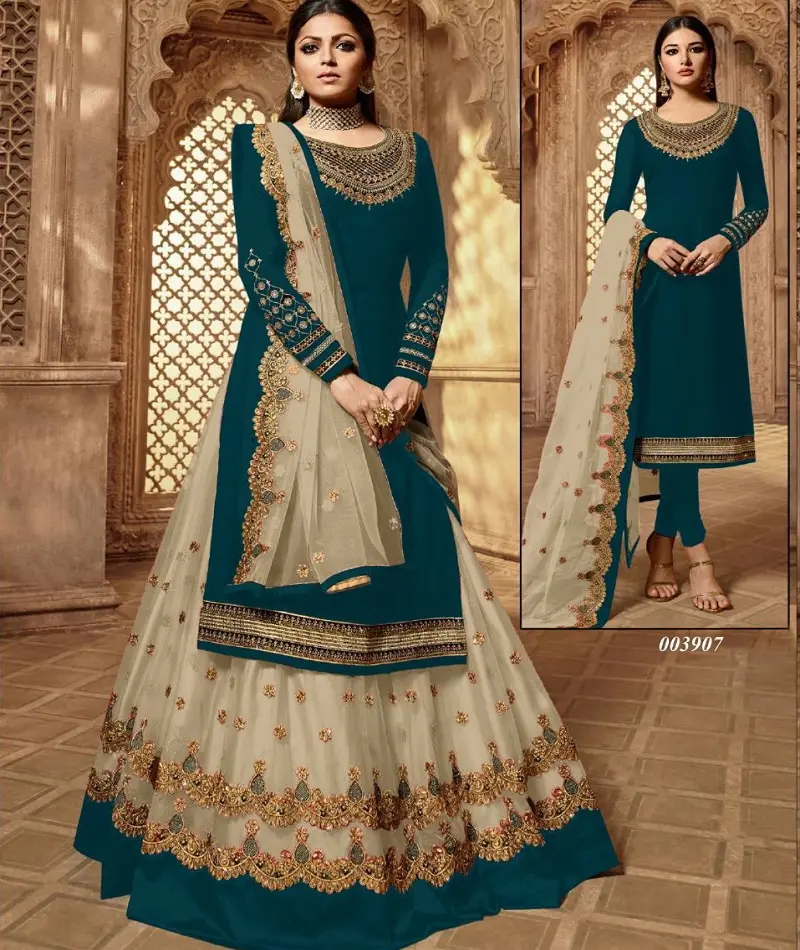 Ağır saten Georgette nakış çalışması ve taş işi Net Lehena fantezi Salwar Kameez takım elbise hint pakistanlı kadınlar