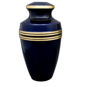 Urnes funéraires adultes en laiton de qualité supérieure urnes funéraires avec bandes d'or et anneau urnes fantaisie indiennes bleu marine fini - Product Image 1