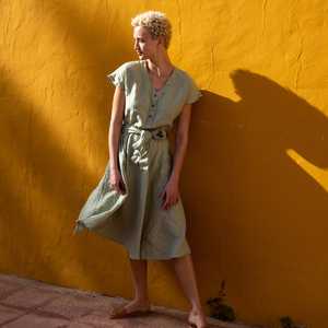 Robe d'été formelle tendance en crêpe couleur bronze 2026, 100 % lin, manches courtes - Product Image 5