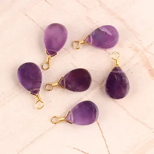 Big factory teardrop shape wire wrapped natural amethyst connector cheap price gold/silver plated slab slice gemstone connectors