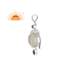 Colgante de Plata de Ley 925 Hecho a Mano, Diseño para Niñas, con Piedra Lunar Arcoíris y Granate, Fabricante de Joyería - Product Image 2