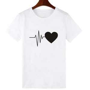 T-shirt blanc pour femme en gros, imprimé battement de cœur, col rond, manches courtes, décontracté, en coton, design personnalisé, fournisseur, t-shirt pour fille - Product Image 5