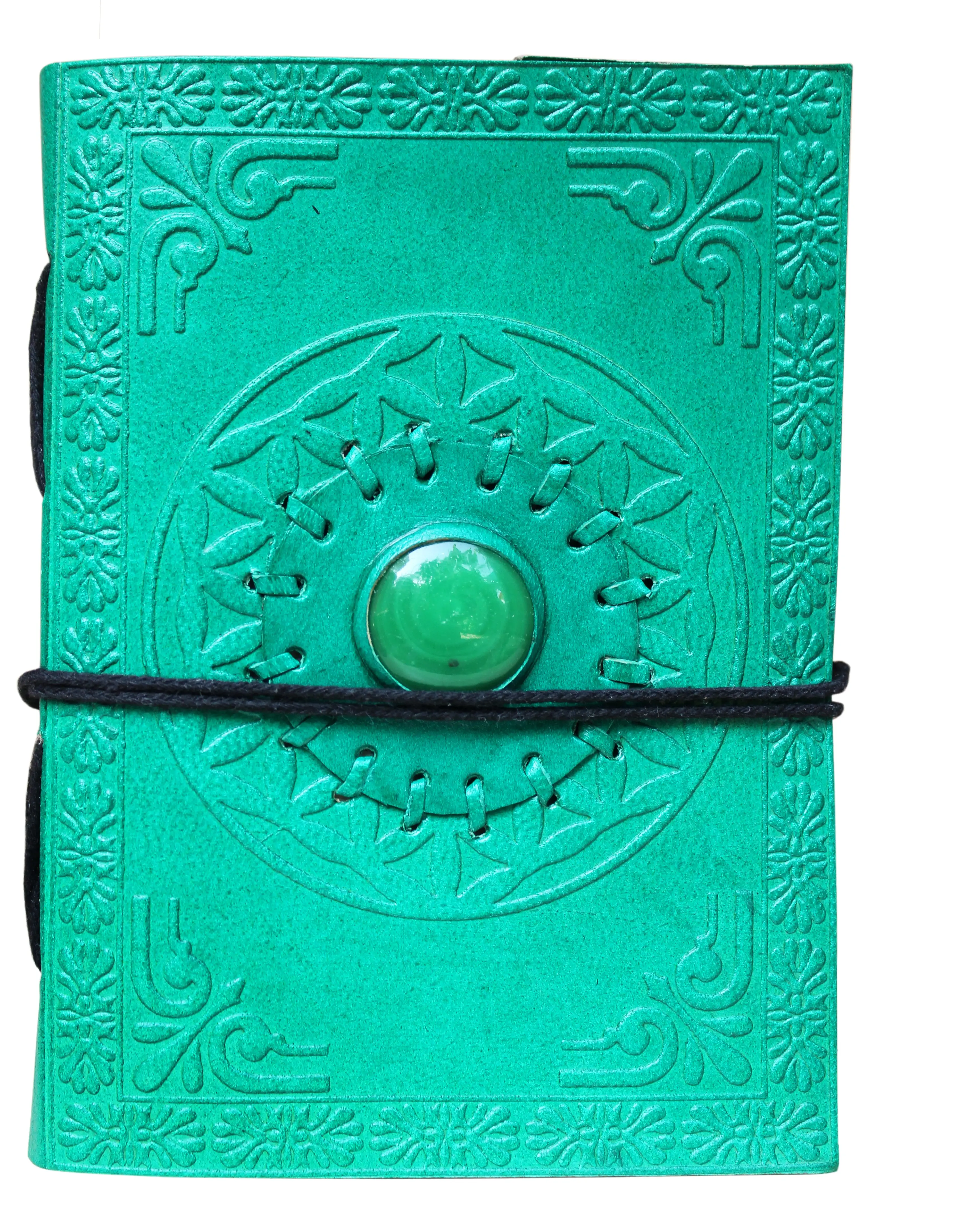Jornal de couro Handmade cor verde gravado com a cor verde centro de pedra de Couro genuíno Designer de diários com o fechamento do cabo