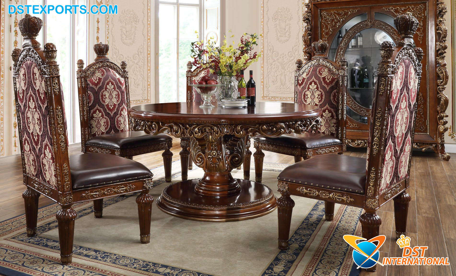Luxurious 8-Seater Dining Table Set Traditional Style Silver Carved  Handmade Wooden Chairs Teak Wood Material