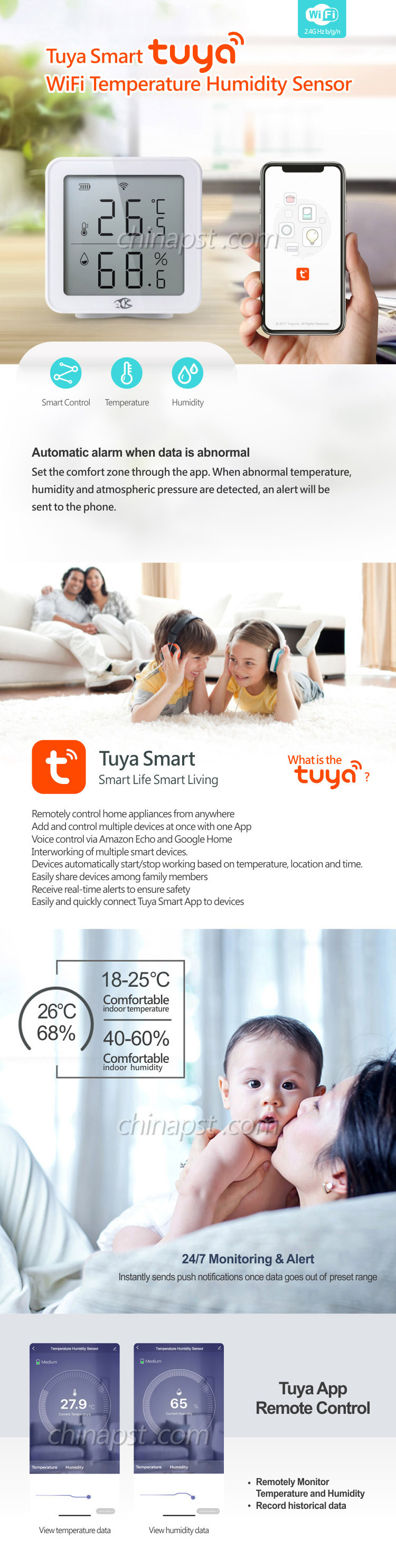 China Factory Tuya Smart WiFi Temperature Humidity Sensor For Home PST-TY191