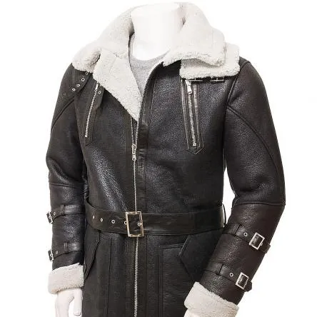 Top Sale Genuine Leather Men's Black Faux Sheepskin Coat Trench Style Sheep Fur Whole Sale Price Faux Shearling Coats