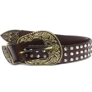 Ceinture en cuir véritable avec cowboy pour hommes, bijoux en cristal, cloutée, décontractée, motif floral antique et lourd, boucle, brun foncé - Product Image 2