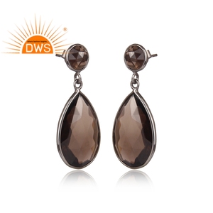 Poire En Forme De Quartz Fumé Sertie de Pierres Précieuses Boucle D'oreille Fabricant 925 Sterling Rhodium Plaqué Bijoux Fournisseur - Product Image 2