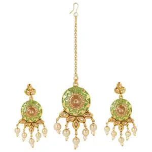 Indian Bollywood Gold Plated Kundan Maang Tikka Head Chain Dangle Earrings Bridal Wedding Jewelry Set