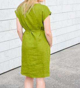 Robe en lin vert à col rond, longueur genou, avec ceinture et poches, manches courtes, coupe ample, doublure en coton brodée, tenue formelle d'été - Product Image 4