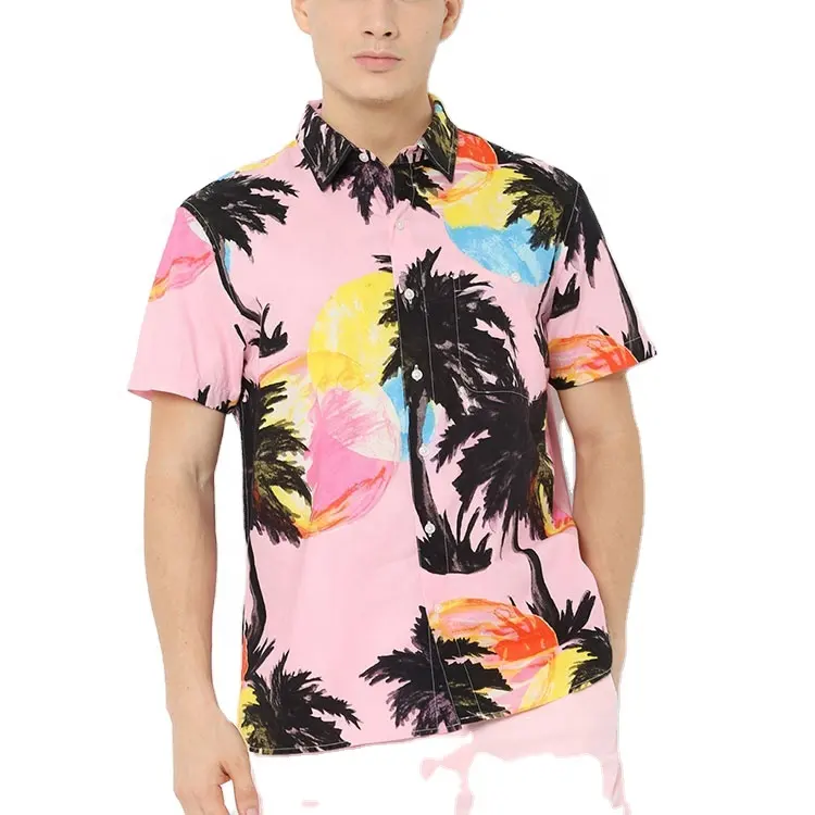 2022 Summer printed Shirt Men Clothing Coconut Tree Printed Pink Short Sleeve Mens Beach Wear Shirt