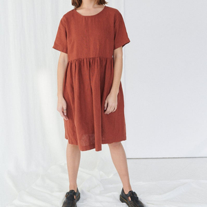 Robe midi en polyester à col rond et manches courtes, coupe ample, couleur unie, respirante, pour l'été, idéale au quotidien, taille haute, style A-line - Product Image 1